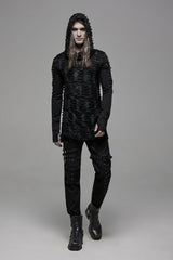 Black Long Sleeves Lace-Up Hooded Ripped Pleated Men's Gothic Cool T-Shirt - Product - 4