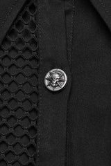 Black Twill Woven Short Sleeves Hollow Leather Stitching Womens Steampunk Blouse - Product - 9