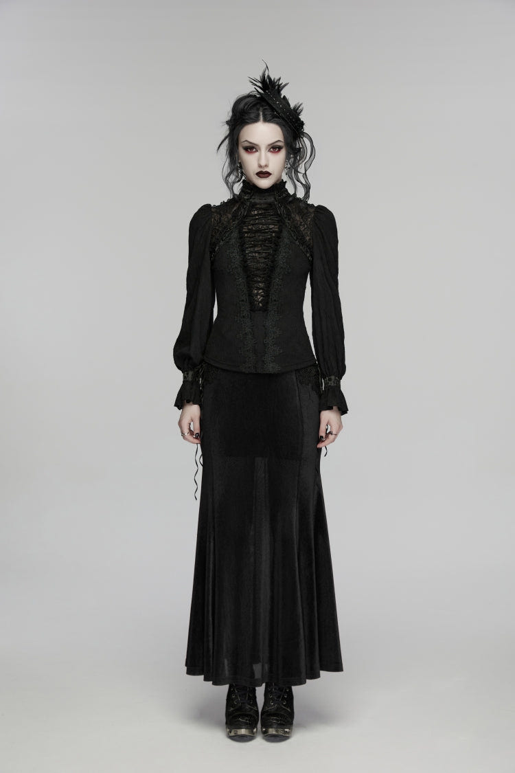 Black Stand Collar Long Sleeves Lace Lace-Up Slim Women's Gothic Blouse - Product - 2