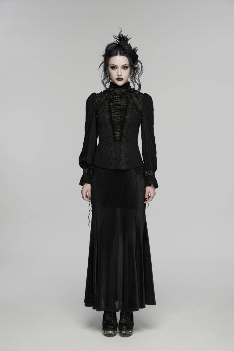 Black Stand Collar Long Sleeves Lace Lace-Up Slim Women's Gothic Blouse - Product - 2