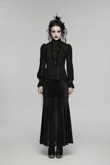 Black Stand Collar Long Sleeves Lace Lace-Up Slim Women's Gothic Blouse - Product - 2