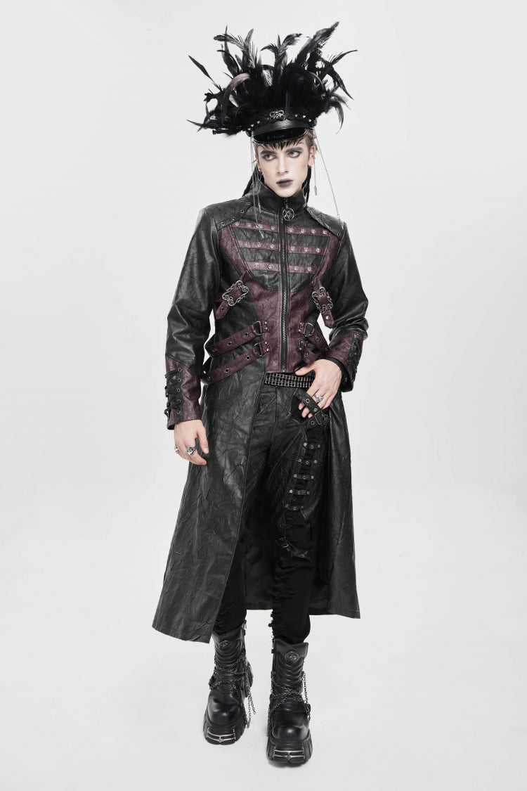 Black/Red Stand Collar Zipper Straps Eyelet Men's Punk Coat - Product - 12