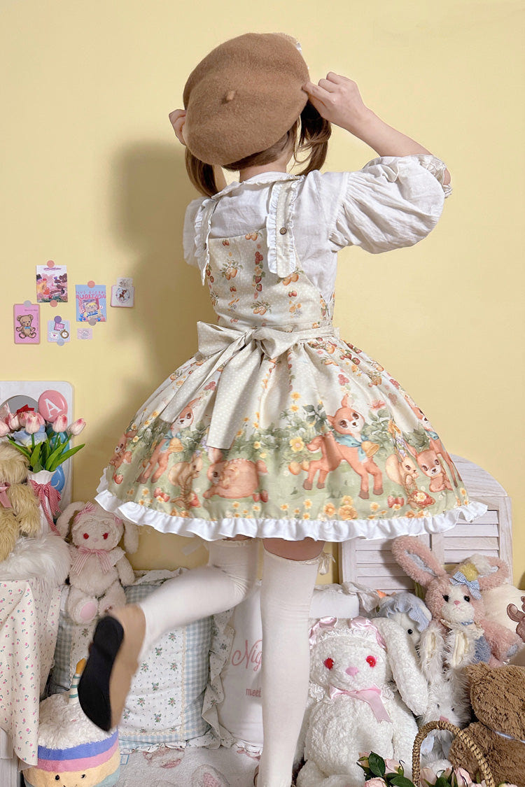 Multi-Color [Little Deer Gathering] Sleeveless Print Ruffle Bowknot Daily Sweet Lolita Strap Dress - Product - 3