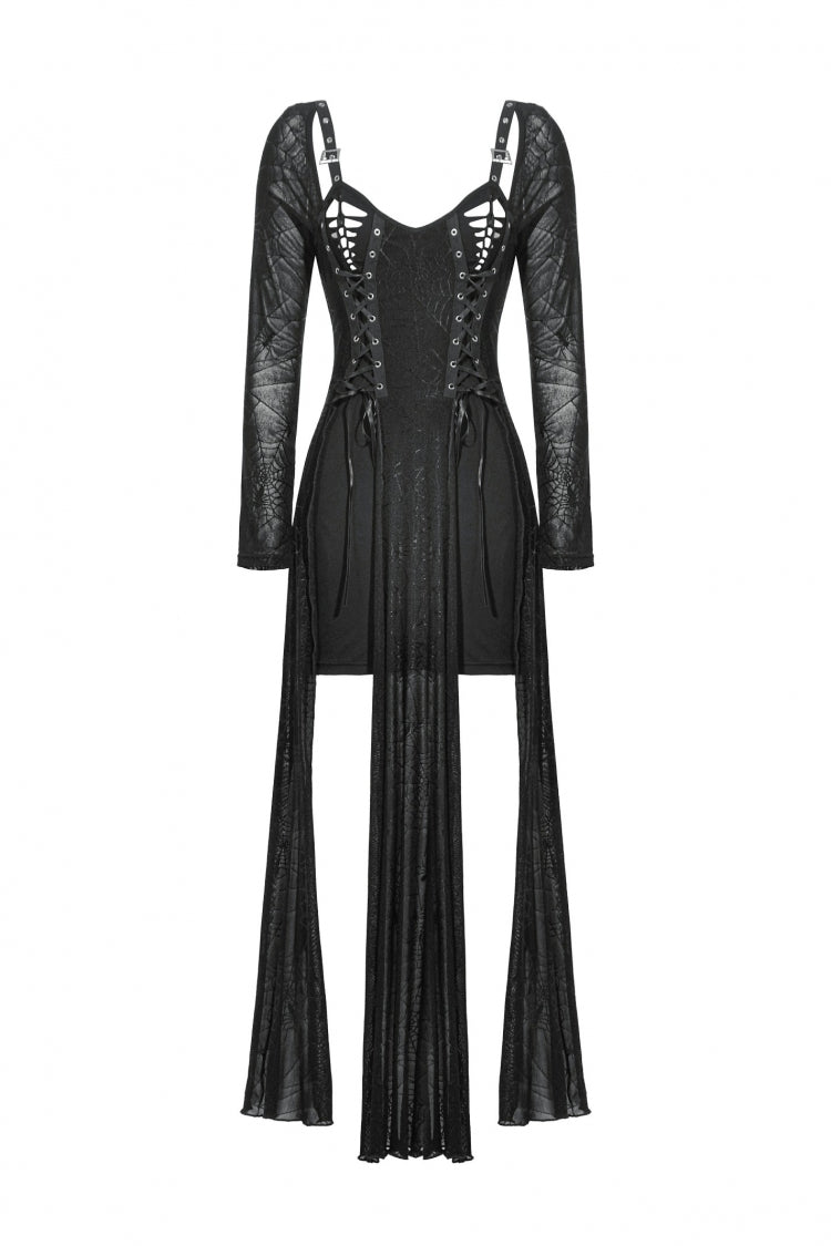 Black Long Sleeves Lace-Up Spiderweb Women's Gothic Elegant Witch Long Dress - Product - 3