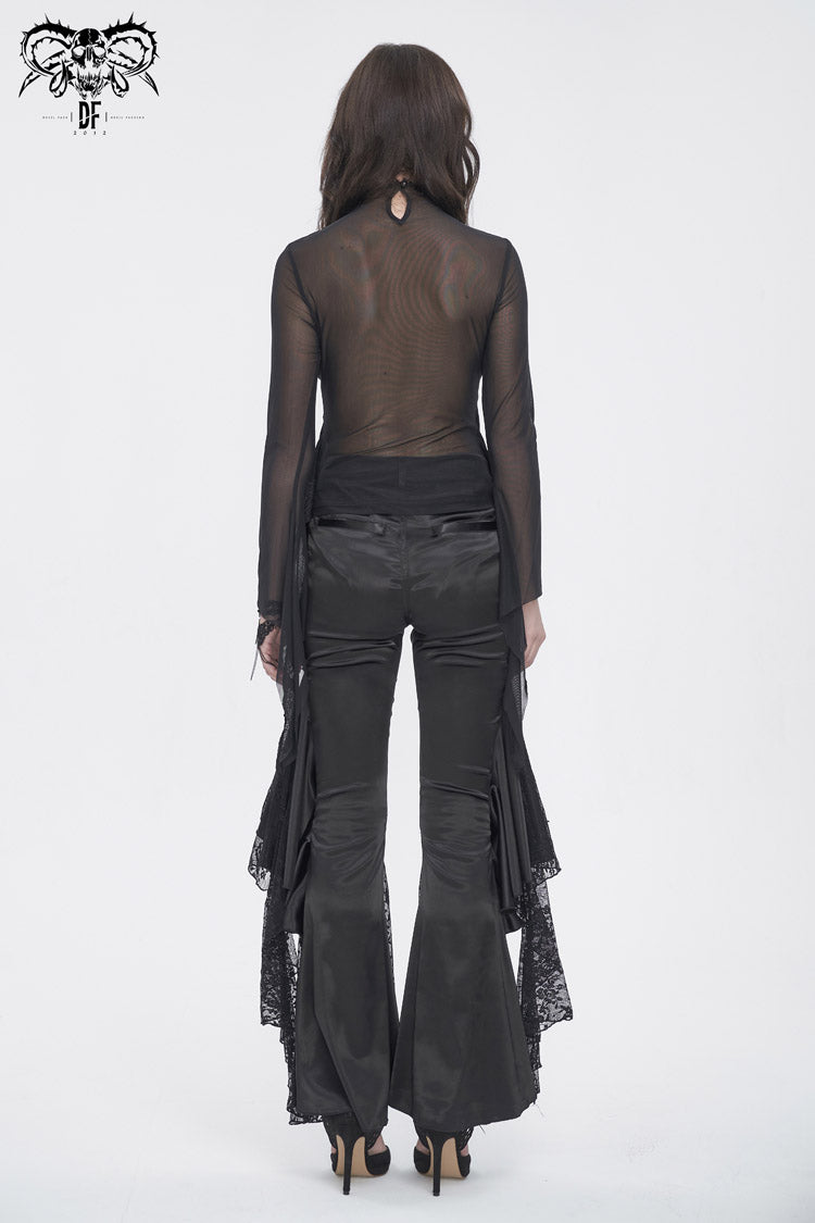 Black Jacquard Mesh Ruffled Long Sleeved Gothic Women's Shirt - Product - 4