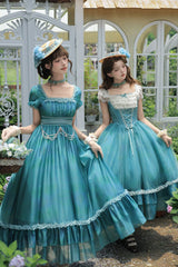 Blue/Green [Water Lily] Square Collar Ruffled Lace-Up Sweet Royal Lolita Dress 2 Versions - Product - 5