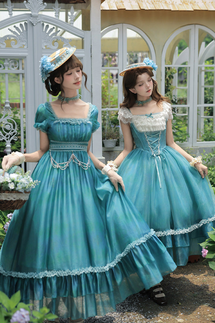 Blue/Green [Water Lily] Square Collar Ruffled Lace-Up Sweet Royal Lolita Dress 2 Versions - Product - 5