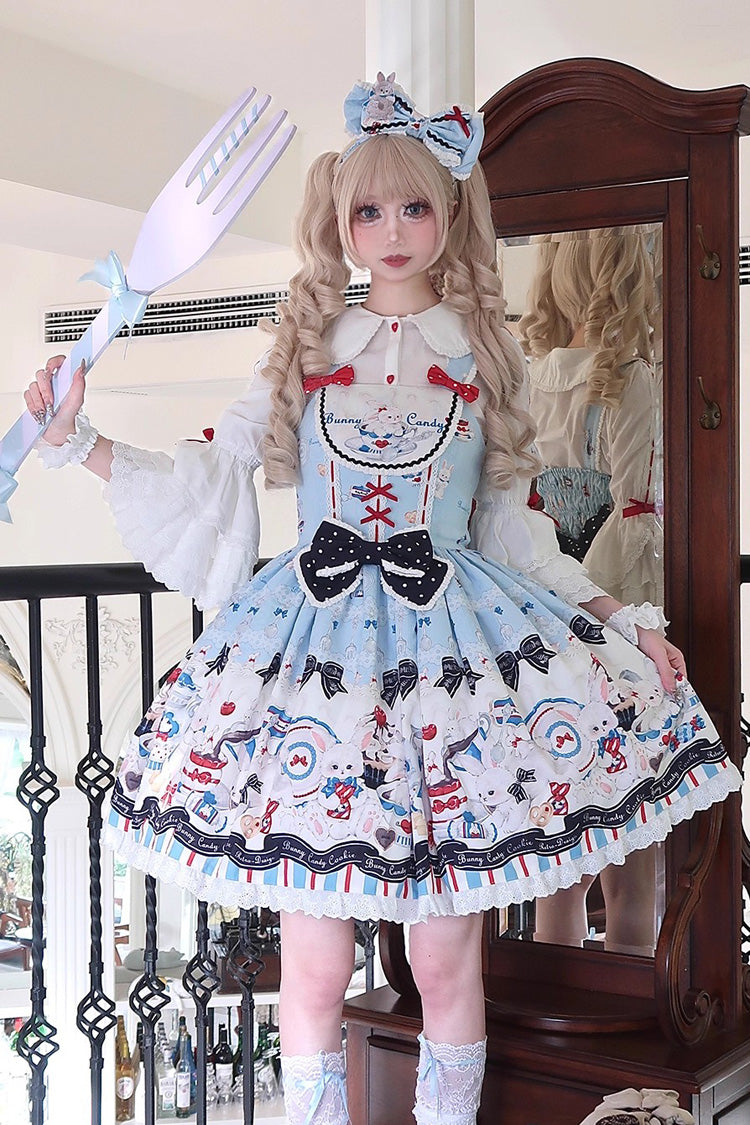 Blue [Mystery Rabbit Tea Party] Sleeveless Print Ruffle Bowknot Lace Sweet Lolita Jsk Dress - Product - 6