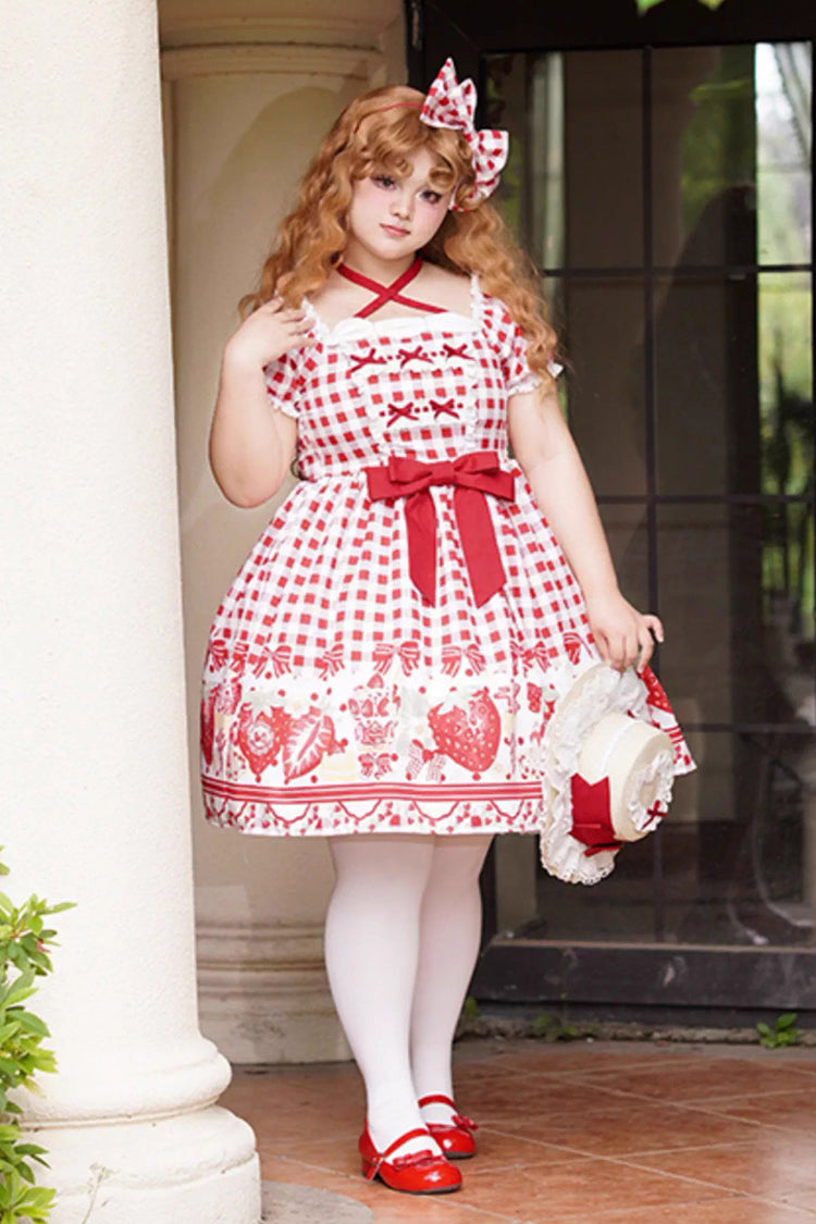 Red Short Sleeves Strawberry Plaid Print Bowknot Sweet Plus Size Princess Lolita Dress - Product - 11