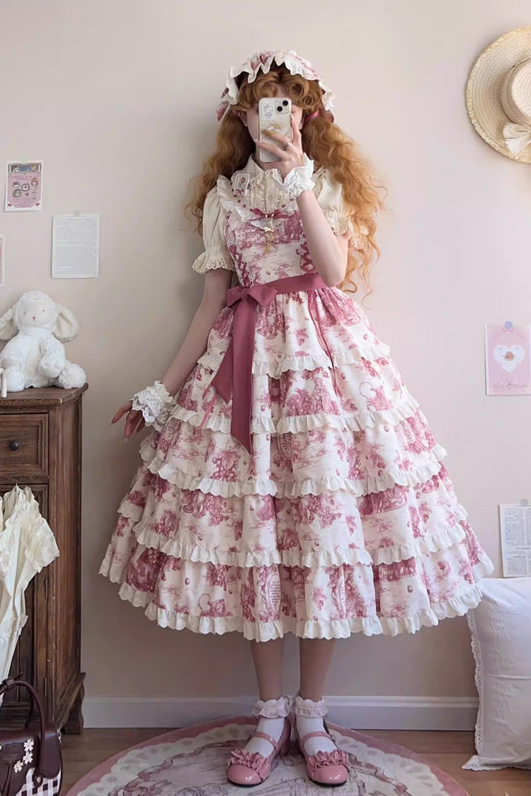 Rose Red [Grape Moon Almanac] Sleeveless Multi-Layered Printed Ruffled Bow Adjustable-Length Sweet Lolita Jsk Dress - Product - 3