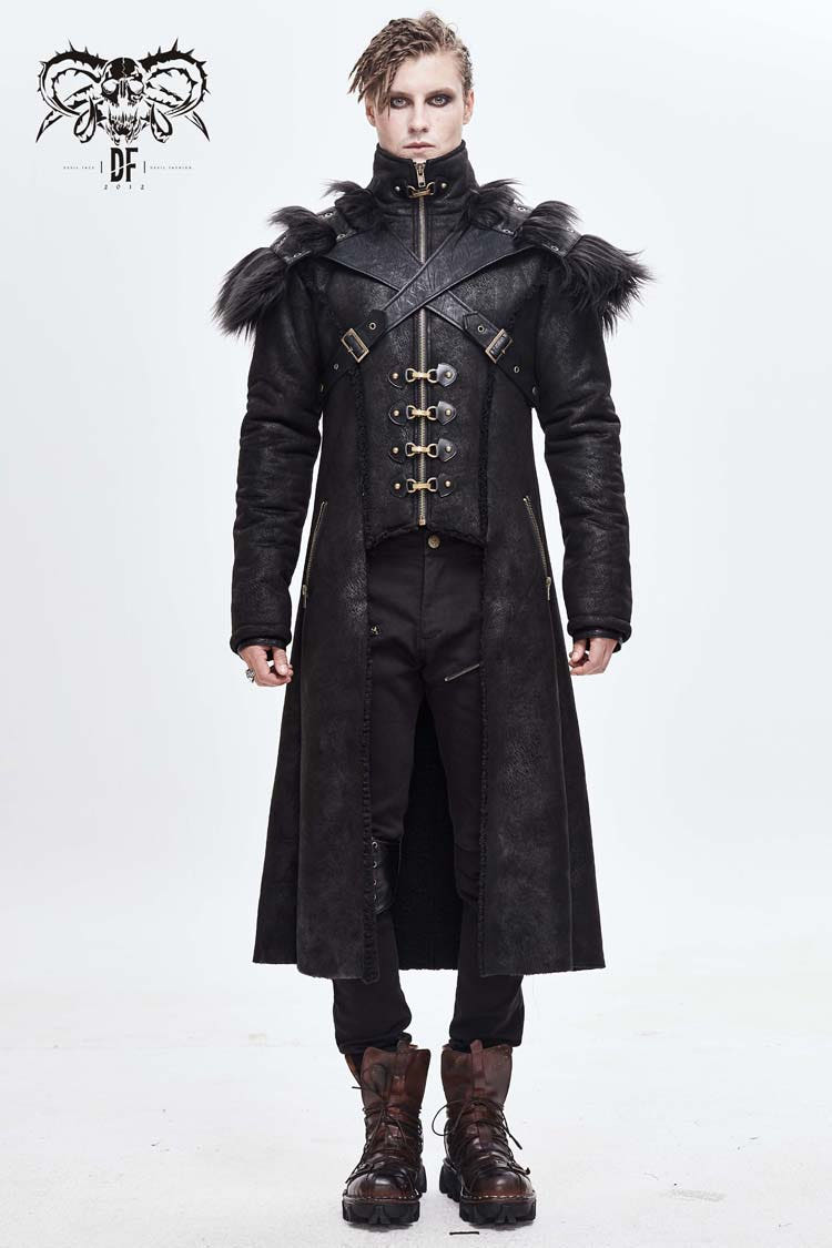 Black Stand Up Collar Shoulder Fur Cape Front Metal Hasp Chest Loops Long Fur Men's Punk Coat - Black - 1