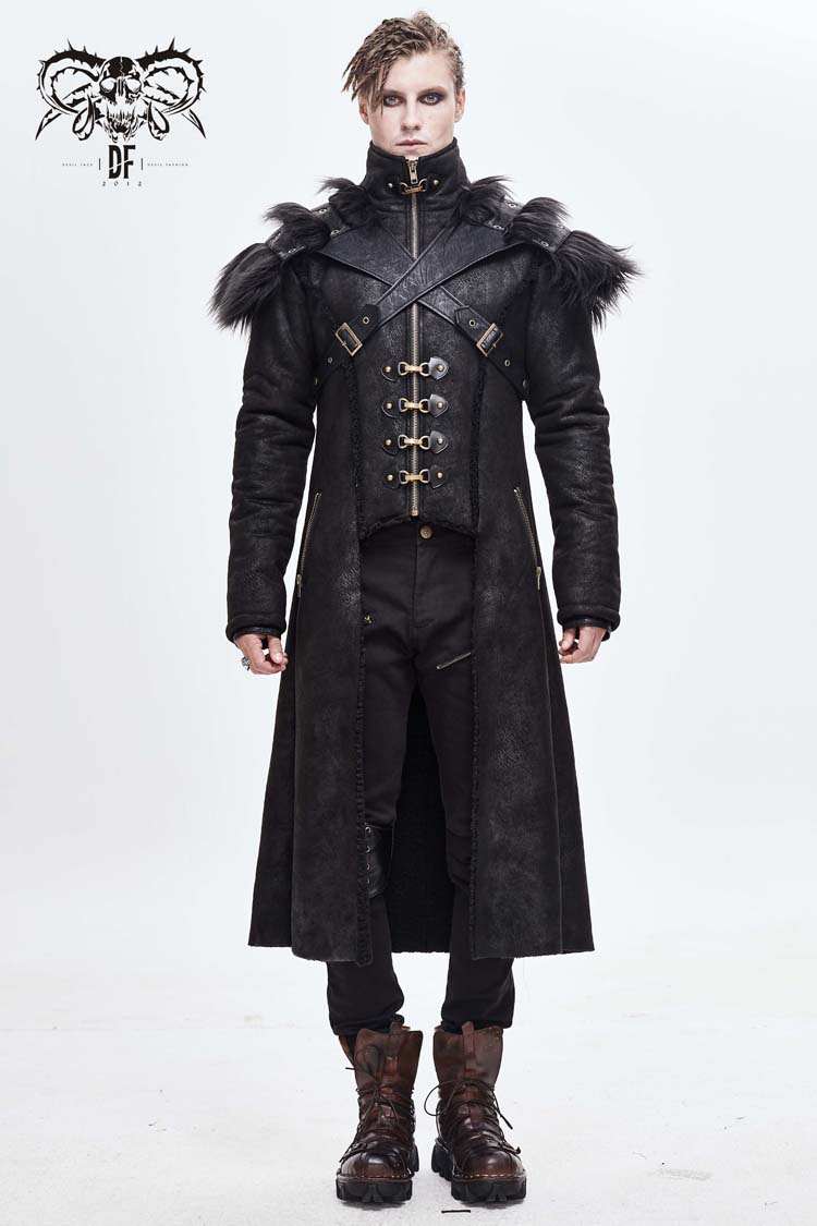 Black Stand Up Collar Shoulder Fur Cape Front Metal Hasp Chest Loops Long Fur Men's Punk Coat - Black - 1