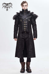 Black Stand Up Collar Shoulder Fur Cape Front Metal Hasp Chest Loops Long Fur Men's Punk Coat - Black - 1