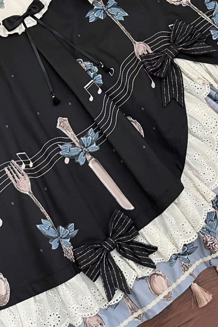 Dark Blue [The Witch’s Banquet] Round Collar Short Sleeves Printed Ruffled Embroidered Bow Asymmetric Sweet Lolita Dress - Product - 7