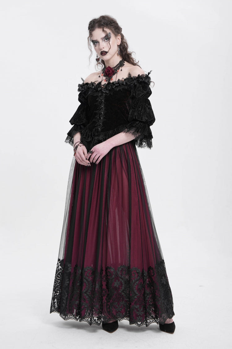 Red Off Shoulder Long Sleeves Ruffle Embroidery Lace-Up Women's Gothic Blouse - Product - 7