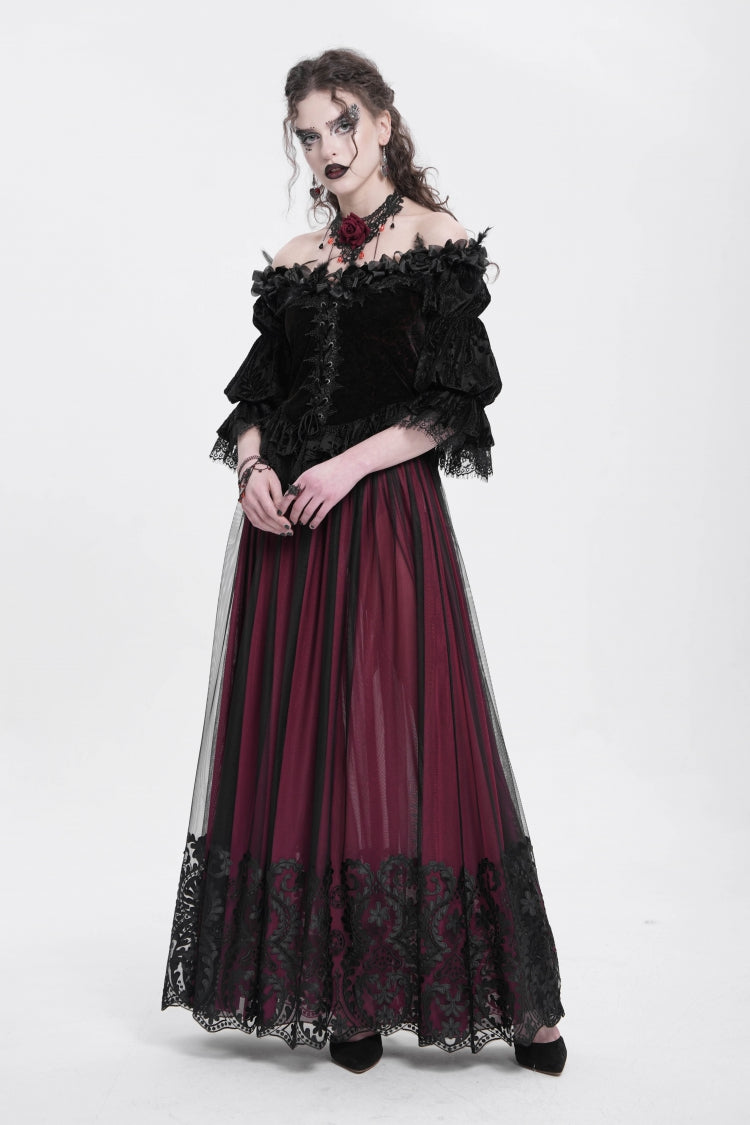 Red Off Shoulder Long Sleeves Ruffle Embroidery Lace-Up Women's Gothic Blouse - Product - 7