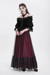 Red Off Shoulder Long Sleeves Ruffle Embroidery Lace-Up Women's Gothic Blouse - Product - 7