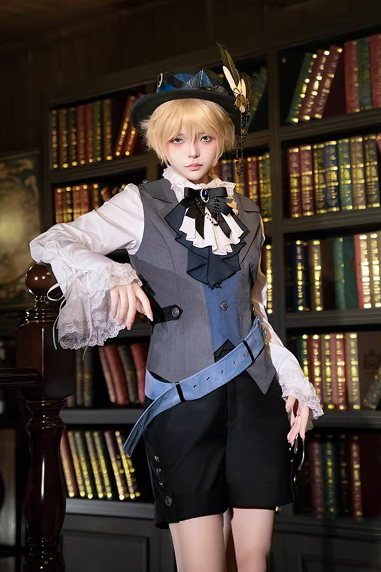 White/Grey/Blue [Age of Machines] Bow Asymmetric Punk Prince Ouji Lolita Shorts Vest Cloak Set - Product - 4