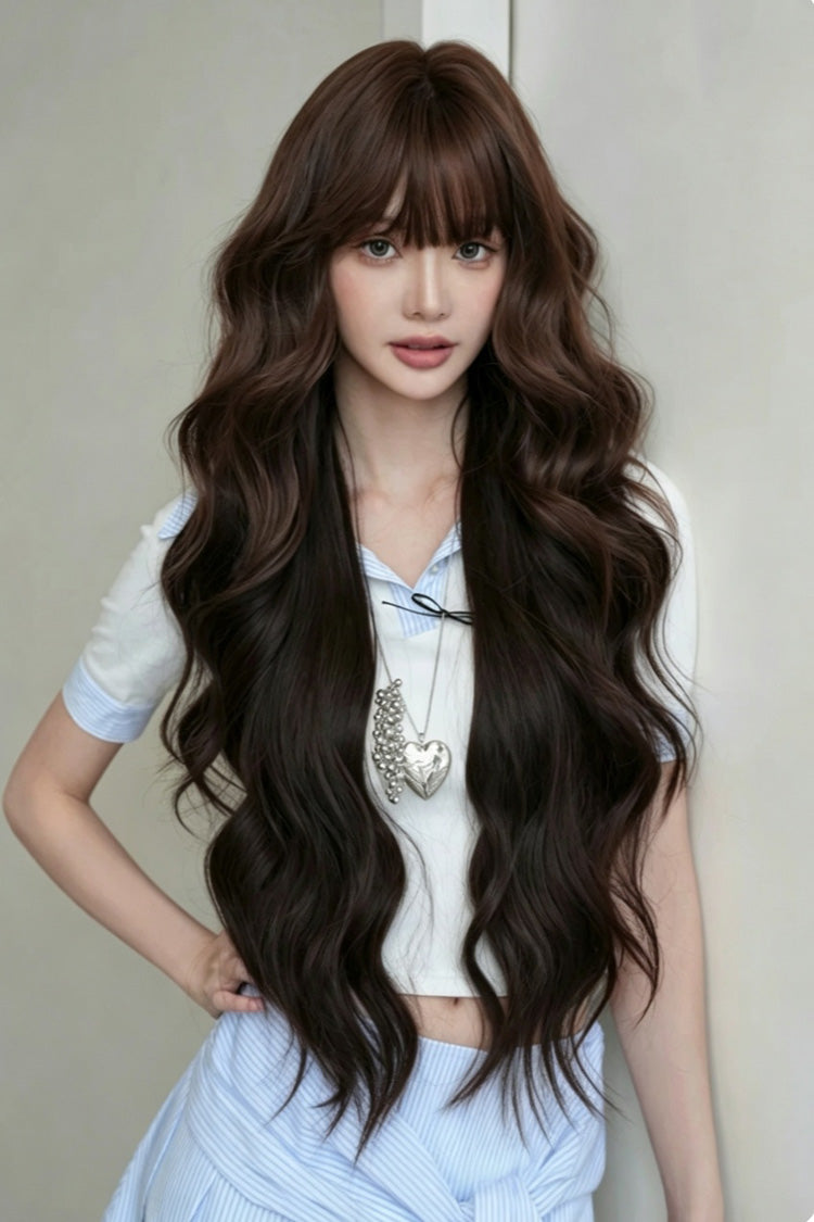 Light-Root Chestnut Brown Ombre Natural Fluffy Long Big Wavy Sweet Lolita Wig with Air Bangs - Chestnut-Brown - 1