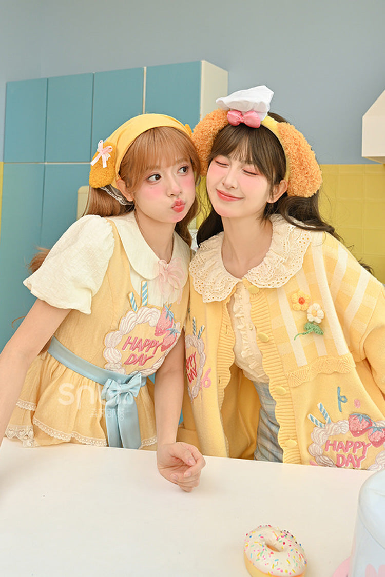 Yellow [Happy Day] Short Sleeves Triple-Layered Print Bowknot Lace Sweet Princess Lolita Dress - Product - 10
