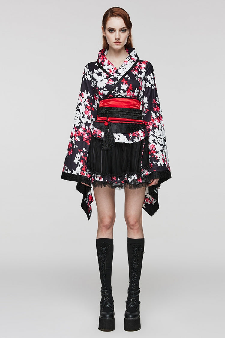 Multi-Color Long Sleeves Floral Print Ruffle Women's Gothic Dress with Skirt - Multi-Color - 1