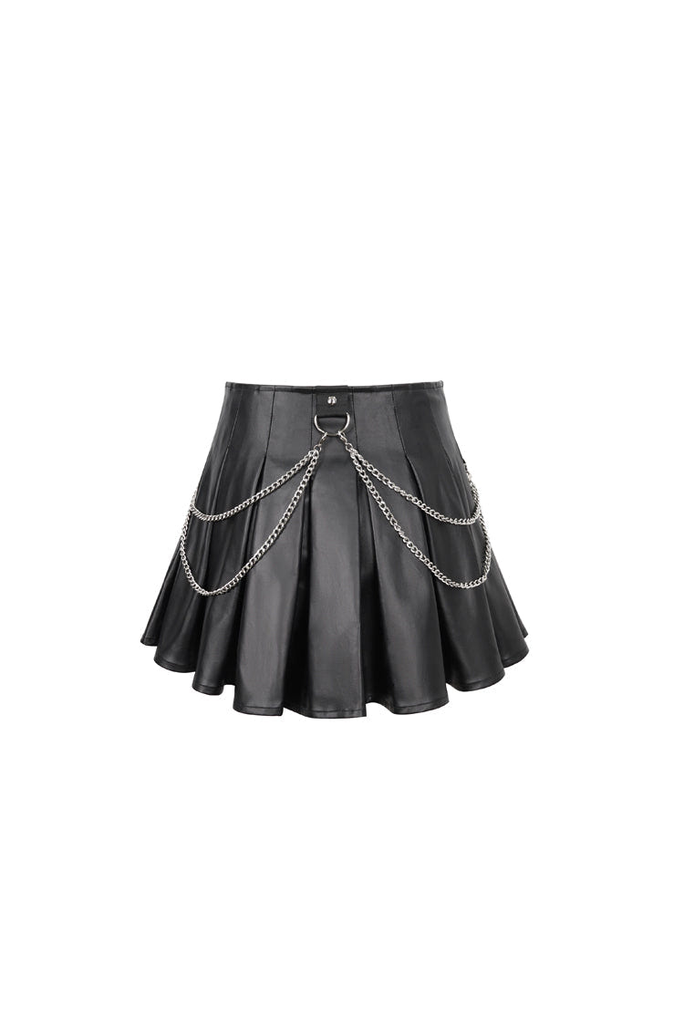 Black Faux Leather Web Eyelet Adjustable String Chain Pleated Women's Gothic Skirt - Product - 8