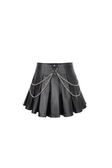 Black Faux Leather Web Eyelet Adjustable String Chain Pleated Women's Gothic Skirt - Product - 8