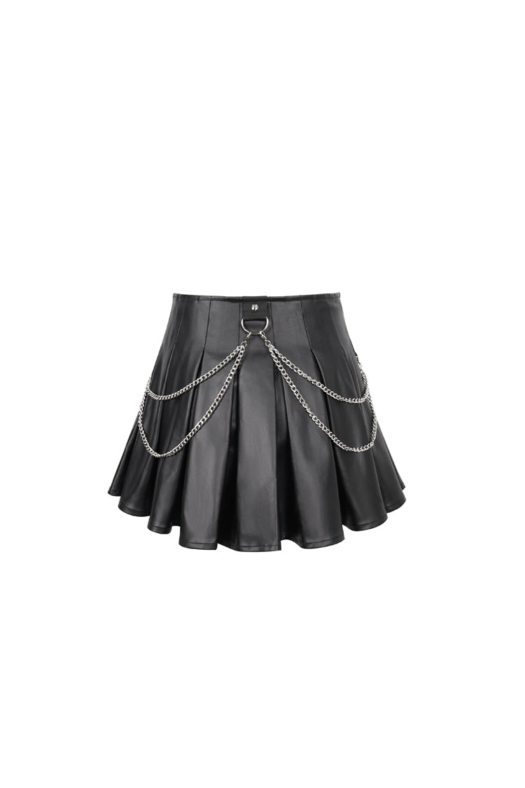 Black Faux Leather Web Eyelet Adjustable String Chain Pleated Women's Gothic Skirt - Product - 8