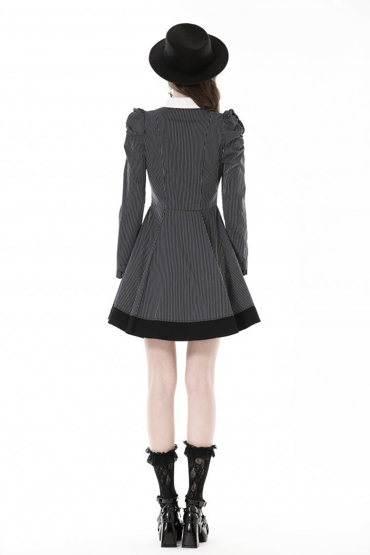 Black/White Lapel Collar Long Puff Sleeves Women's Gothic Striped Preppy Style Dress - Product - 4