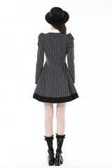 Black/White Lapel Collar Long Puff Sleeves Women's Gothic Striped Preppy Style Dress - Product - 4