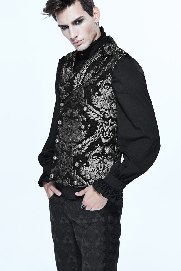 Black/Silver Palace Short Big Jacquard Pattern Men's  Gothic Waistcoat - Product - 2