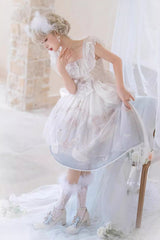 White/Blue [Flower and Letter] Swan Lake Print Ruffle Bowknot Elegant Lolita Jsk Dress - Product - 7