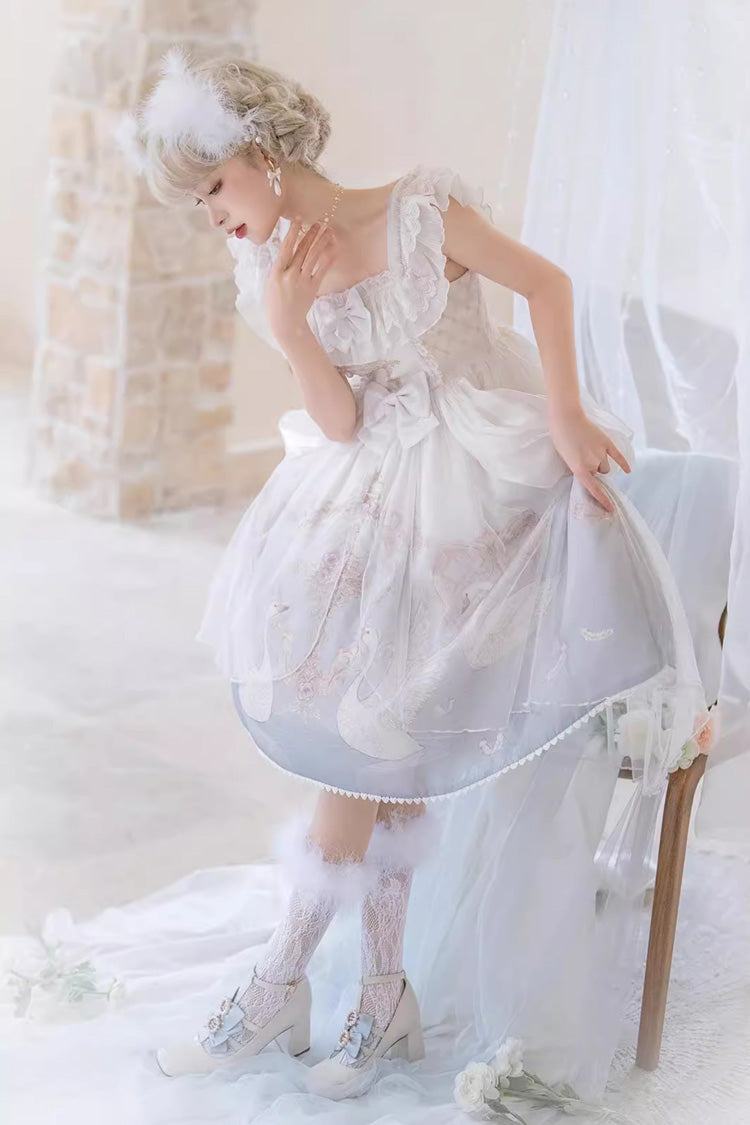 White/Blue [Flower and Letter] Swan Lake Print Ruffle Bowknot Elegant Lolita Jsk Dress - Product - 7