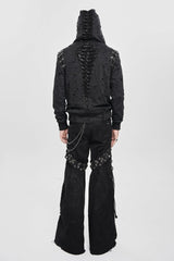 Black Long Sleeves Hexagram Print Hooded Ripped Pleated Men's Punk Coat - Product - 3