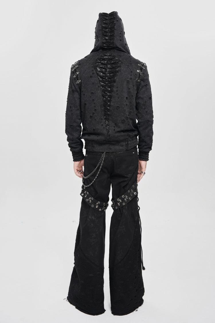 Black Long Sleeves Hexagram Print Hooded Ripped Pleated Men's Punk Coat - Product - 3