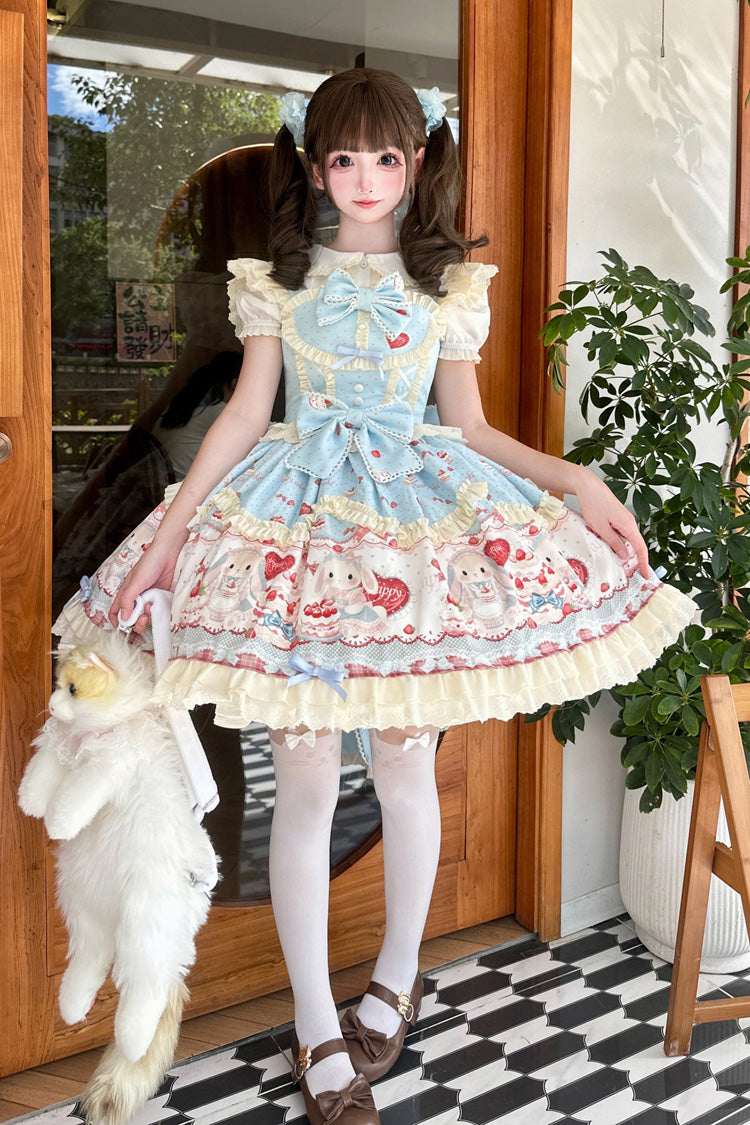 Blue [Sweet Bunny Party] Square Collar Sleeveless Printed Ruffled Bow Sweet Lolita Jsk Dress Set - Product - 2