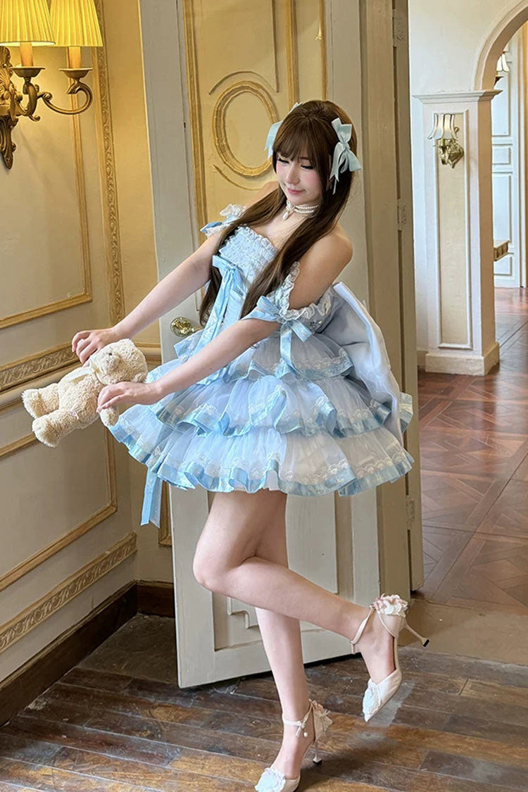 Blue [Princess Ribbon] Off Shoulder Triple-Layered Ruffle Bowknot Sweet Lolita Dress - Product - 6