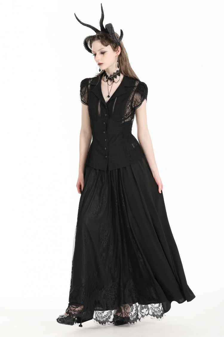 Black High Waisted Heart Embroidered Lace Women's Gothic Maxi Skirt - Product - 10
