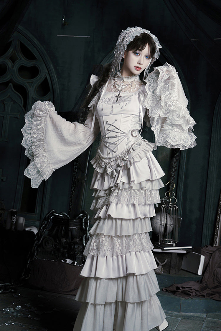 Solid Color [Bionic Doll] Square Collar Multi-Layered Ruffle Bowknot Lace-Up Gothic Lolita Fishtail Skirt Corset Set - Product - 6