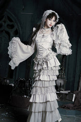 Solid Color [Bionic Doll] Square Collar Multi-Layered Ruffle Bowknot Lace-Up Gothic Lolita Fishtail Skirt Corset Set - Product - 6