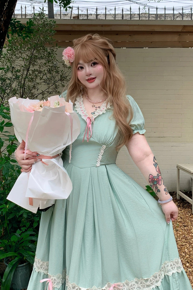 Green V Collar Short Sleeves Ruffled Lace Sweet Plus Size Lolita Dress - Product - 12