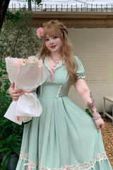 Green V Collar Short Sleeves Ruffled Lace Sweet Plus Size Lolita Dress - Product - 12