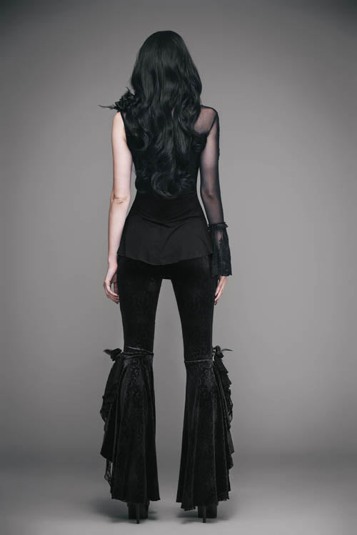 Black Gothic Lace Hem Embossed Velvet Flare Womens Pants - Product - 5