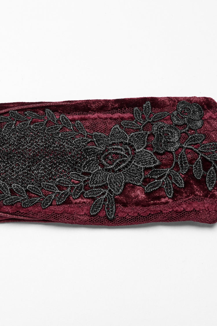 Red Floral Embroidery Lace-Up Women's Gothic Gloves - Product - 8