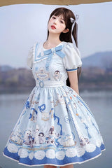 Blue [Penguin Navy] Short Sleeves Print Ruffle Bowknot Sweet Princess Lolita Dress - Product - 3