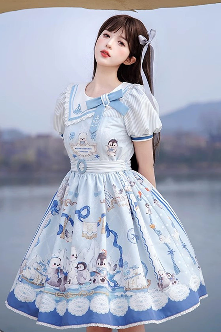 Blue [Penguin Navy] Short Sleeves Print Ruffle Bowknot Sweet Princess Lolita Dress - Product - 3
