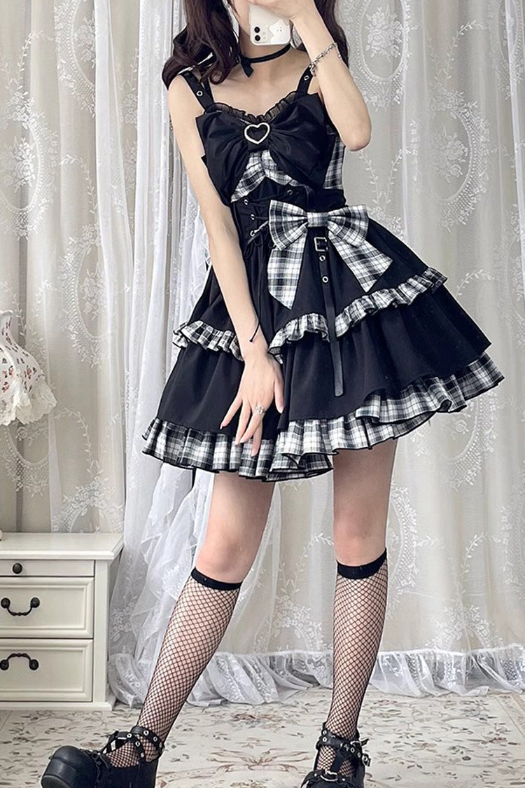 Black/White Plaid Print Color Contrast Leather Buckle Bowknot Ruffle Gothic Lolita JSK Dress - Product - 7