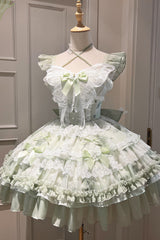 Green [Promise of the Blooming Season] Print Ruffle Bowknot Lace Sweet Princess Lolita Jsk Dress - Green - 1