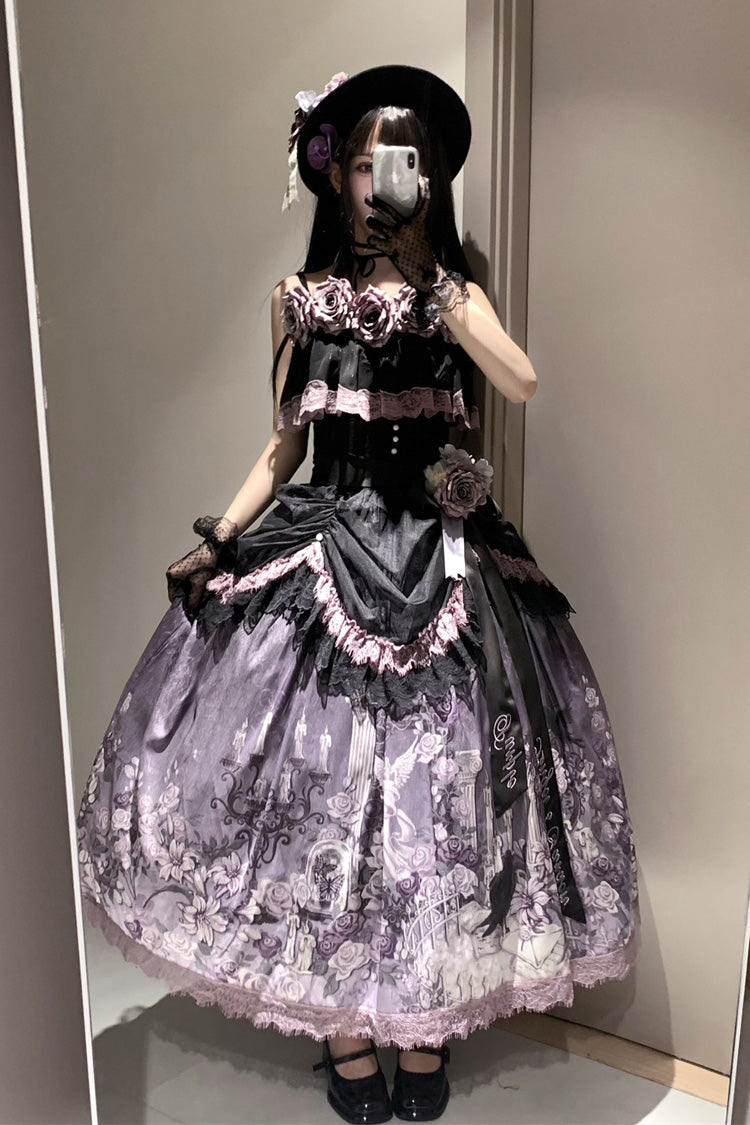 Black/Purple [Angel Garden] Sleeveless Print Ruffle Bowknot Lace Sweet Gothic Lolita Skirt Set - Product - 12