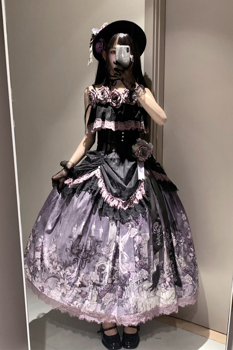 Black/Purple [Angel Garden] Sleeveless Print Ruffle Bowknot Lace Sweet Gothic Lolita Skirt Set - Product - 12